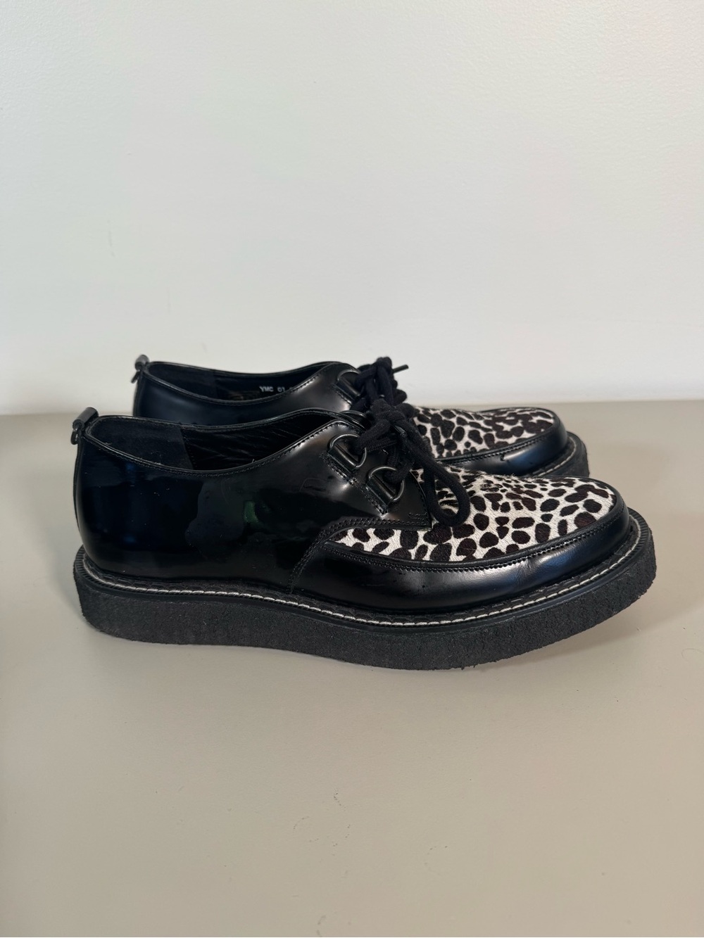 YMC Black Patent Lace-Up Creeper Shoes with White and Black Leopard Print